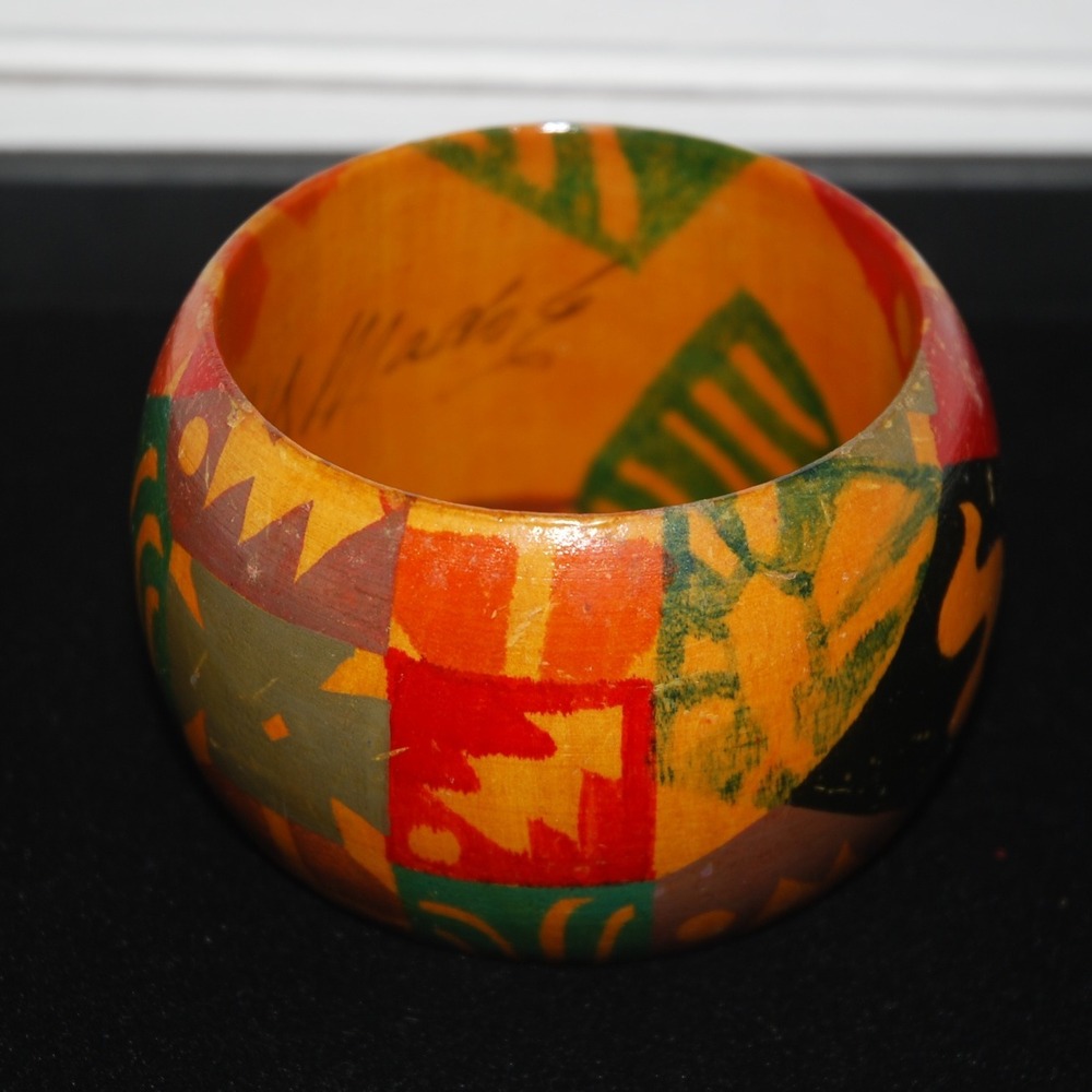 Vintage Chunky wooden Bangle‎ bracelet hand-painted  3x2" Boho Hippie
